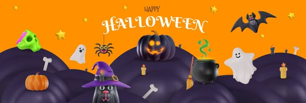 Felice Halloween Vettoriale Illustrazione Stile Cartone Animato Vacanza Sfondo Realistico — Vettoriale Stock