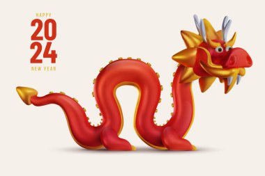 3d cute chinese red dragon in cartoon realistic style. Funny festive traditional character concept design for background banner, cover. Holiday art element or symbol new year. Vector illustration. clipart