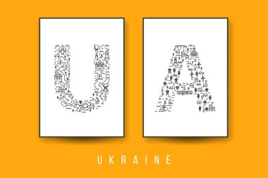 Ukrayna tasarım sanat kompozisyonu. Çeşitli elementlerden gelen siluet harflerinin modern asgari illüstrasyonunu ayarla. Arka plan baskısı, poster, kapak, kart için ulusal vatansever moda konsepti.