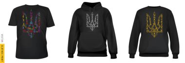 Tekstil giysilerinde Ukrayna baskısı. Ulusal ya da vatansever markalaşma için tişört, kapüşonlu tişört koleksiyonu. Vektör yaratıcı parlak illüstrasyon siluet coutry armasını ayarla.