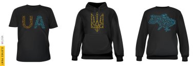 Tekstil giysilerinde Ukrayna baskısı. Ulusal ya da vatansever markalaşma için tişört, kapüşonlu tişört koleksiyonu. Vektör yaratıcı parlak illüstrasyon haritası, arma örtüsü, harf ua.