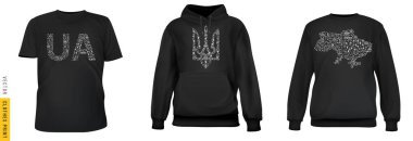Tekstil giysilerinde Ukrayna baskısı. Ulusal ya da vatansever markalaşma için tişört, kapüşonlu tişört koleksiyonu. Vektör yaratıcı parlak illüstrasyon haritası, arma örtüsü, harf ua.