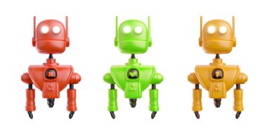 3D sevimli renkli robot, gerçekçi çizgi film tarzında farklı duygular yaratıyor. Komik bir teknoloji karakteri kur. Sanat asistanı, robot ya da komik yardımcı kavramı. Yapay zeka modern yaratık..
