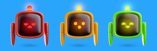 3d render cute emotion robot in realistic cartoon style. Set funny technology character. Concept art science or business online assistant, bot or funny helper. Artificial intelligence modern creature.