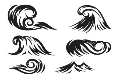 Su dalgalarını farklı bir şekle sokun. Basit düz stil tasarım ögeleri. Okyanus, deniz ya da nehir gelgitleri. Yazdırma için kolleksiyon vektör illüstrasyonu.