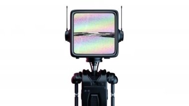 Kafası monitör şeklinde çizgi film robotu ve ekranda dijital gürültü. Komik teknoloji karakter tasarımı. Sanat asistanı, robot ya da yardımcı kavramı. 3d sanat animasyonu oluştur.