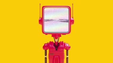 Kafası monitör şeklinde çizgi film robotu ve ekranda dijital gürültü. Komik teknoloji karakter tasarımı. Sanat asistanı, robot ya da yardımcı kavramı. 3d sanat animasyonu oluştur.