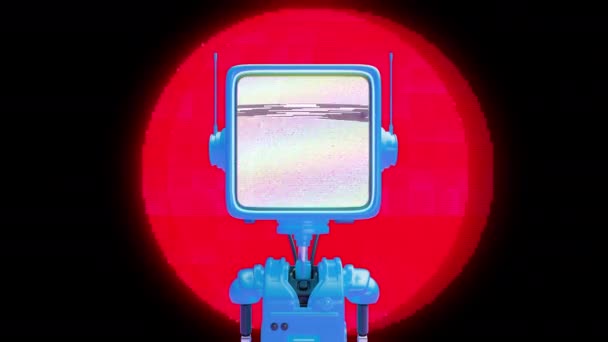 Tecknad Robot Med Huvud Formad Som Bildskärm Och Digitalt Brus — Stockvideo