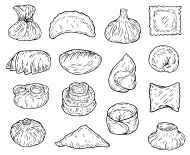 El yapımı illüstrasyon wonton, hamur tatlısı, khinkali, ravioli, gyoza, maultaschen, baozi, khanum, kurze, tortellini, dim sum, mandu, manti, kreplach. Robot resim biçiminde koleksiyon vektör gıdası.
