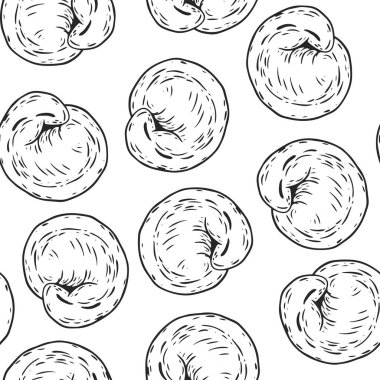 Elinde hamur tatlısı olan pürüzsüz desen monokrom şeklinde çizilmiş. Duvar kağıdı, markalaşma ve tekstil için mutfak arka planı. Çizim vektör illüstrasyonu.