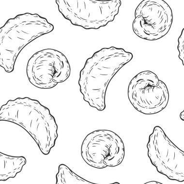 Elinde hamur tatlısı olan pürüzsüz desen monokrom şeklinde çizilmiş. Duvar kağıdı, markalaşma ve tekstil için mutfak arka planı. Çizim vektör illüstrasyonu.