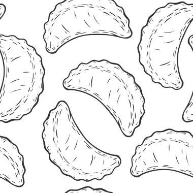 Elinde hamur tatlısı olan pürüzsüz desen monokrom şeklinde çizilmiş. Duvar kağıdı, markalaşma ve tekstil için mutfak arka planı. Çizim vektör illüstrasyonu.