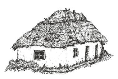 Geleneksel köy evi ya da kulübesi. Elde eski kulübe çizim stili. Klasik sanat kompozisyonu, doğa. Vektör illüstrasyonu.