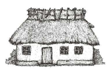 Geleneksel köy evi ya da kulübesi. Elde eski kulübe çizim stili. Klasik sanat kompozisyonu, doğa. Vektör illüstrasyonu.