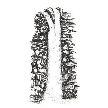Elle çizilmiş şelale vektör çizimi. Klasik sanat kompozisyonu açık hava doğası.