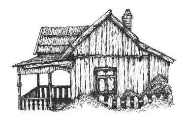 Elle çizilmiş eski ahşap köy evi. Klasik sanat kompozisyonu. Beyaz arka planda izole edilmiş eski geleneksel bir ev. Vektör retro illüstrasyonu.