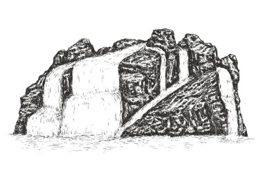 Elle çizilmiş şelale vektör çizimi. Klasik sanat kompozisyonu açık hava doğası.