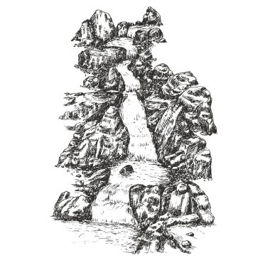 Elle çizilmiş şelale vektör çizimi. Klasik sanat kompozisyonu açık hava doğası.