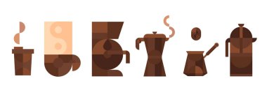 Kahve ekipmanları ve aletler minimum geometrik tarzda. Bardak, bardak, espresso makinesi, kahve, kahve makinesi. Koleksiyon modern çizgi film tasarım elementleri. Düz vektör illüstrasyonu.