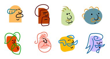 Çizgi filmdeki soyut kafa büyükbabayı basit karalama çizim stiline getir. Parlak moda duyguları birçok insanın yüzüne yansıyor. Parlak tasarım karakter duygusu. Koleksiyon düz vektör çizimi.