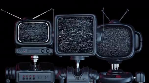 Робот Головою Формі Телевізора Або Монітор Шумним Глюковим Сигналом Екрані — стокове відео