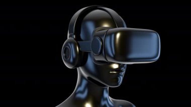 İnsan kafasında sanal gerçeklik gözlükleri ve kulaklıklar. Oyun ya da eğlence aracı. Gelecekçi teknoloji konsepti sanatı. Parlak Moda 3d Canlandırması.
