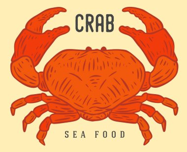 Çizgi filmdeki renkli yengeç, retro tarzı çizilmiş. Gerçekçi klasik siluet deniz hayvanı. Marka restoranı ve dükkan için tasarım elemanı. Çizim vektör illüstrasyonu.