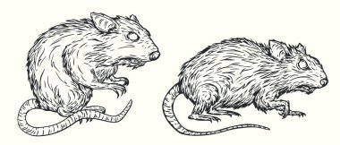 Klasik el yapımı fare silueti. Dövme, maskot ve amblem için tek renkli çizimler. Vektör illüstrasyonu.