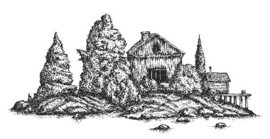 Adadaki eskiz evi veya kulübe beyaz arka planda izole edilmiş. Monokrom vintage tarzında el yapımı kompozisyon. Vektör illüstrasyonu.