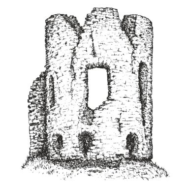 El çizimi eski binayı ya da beyaz arka planda izole edilmiş antik kaleyi harabeye çeviriyor. Monokrom vintage tarzında vektör illüstrasyon. Mimarlık skeci.