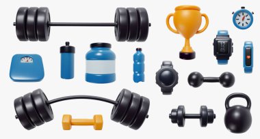 Modern gerçekçi 3 boyutlu spor aletleri seti. Fitness ya da spor salonu için parlak elementler toplayın. Vektör illüstrasyonu beyaz arkaplanda izole edildi.