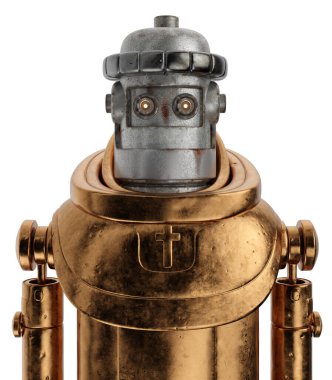 Yaşlı metal keşiş robot. Steampunk çizgi film stilinde gerçekçi karakter tasarımı. Yaratıcı 3d illüstrasyon.