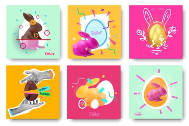 Mutlu Paskalyalar. Kart, kapak, modern parlak soyut tarzda poster için arkaplan bileşimini ayarla. Koleksiyoncu pop sanat kolajları. Vektör tatil illüstrasyonu.
