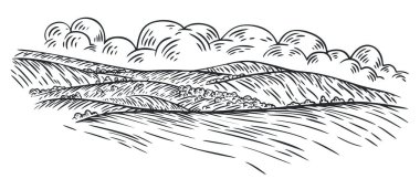 Gökyüzünde bulutlar olan kırsal alan, tek renkli elle panoramik çevre çizim stili. Vektör vintage çizimi.