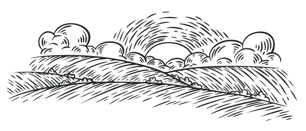 Peisaj Rural Nori Cer Mediu Panoramic Stil Schiță Monocrom Ilustrație Grafică vectorială