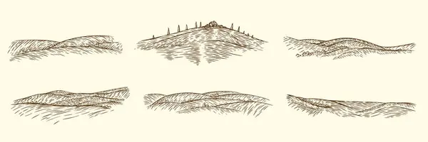 Setați Peisajul Rural Mediul Panoramic Stil Schiță Monocrom Ilustrație Vectorială Vector de stoc