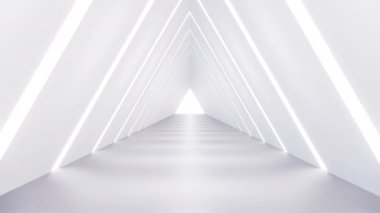 Parlak ışıklı neon elementli beyaz fütüristik üçgen koridor. Modern boş 3D animasyon.