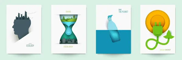 Set Spanduk Ekologi Penutup Poster Kartu Dalam Gaya Potongan Kertas Stok Vektor