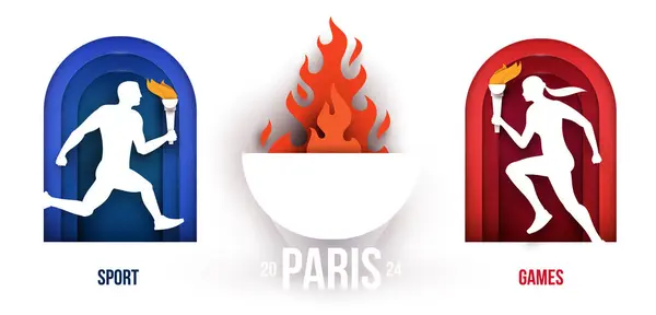 用火把跑着的男人和女人法国巴黎夏季运动会摘要 2024年 现代背景的横幅 卡片在最小的剪纸风格 矢量说明 免版税图库矢量图片