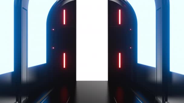 Футуристическое Открытие Ворот Дверей Черном Движущемся Научно Фантастическом Тоннеле Комнате — стоковое видео