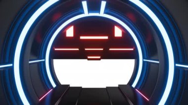 Siyah hareket eden bilim kurgu teknolojisi tünelinde ya da neon ışığı olan bir odada geleceğin kapısı ya da kapısı. Alfa kanallı gerçekçi dijital animasyon.
