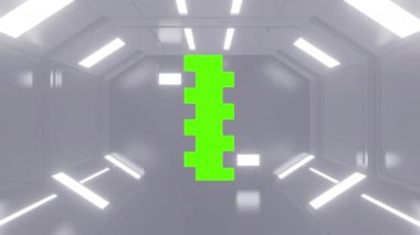 Bilimkurgu teknolojisi tünelinde ya da odasında ilerici kapı ya da kapı açılışı. Yeşil renkli tuşlu gerçekçi dijital animasyon.