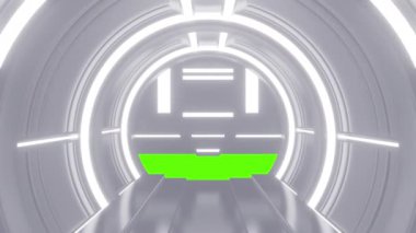 Bilimkurgu teknolojisi tünelinde ya da odasında ilerici kapı ya da kapı açılışı. Yeşil renkli tuşlu gerçekçi dijital animasyon.