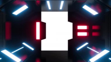 Siyah hareket eden bilim kurgu teknolojisi tünelinde ya da neon ışığı olan bir odada geleceğin kapısı ya da kapısı. Alfa kanallı gerçekçi dijital animasyon.
