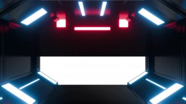 Siyah hareket eden bilim kurgu teknolojisi tünelinde ya da neon ışığı olan bir odada geleceğin kapısı ya da kapısı. Alfa kanallı gerçekçi dijital animasyon.