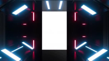Siyah hareket eden bilim kurgu teknolojisi tünelinde ya da neon ışığı olan bir odada geleceğin kapısı ya da kapısı. Alfa kanallı gerçekçi dijital animasyon.