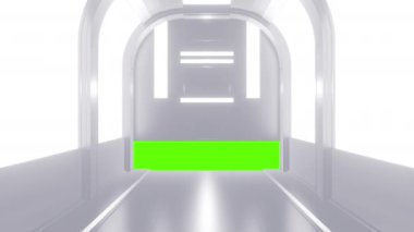 Bilimkurgu teknolojisi tünelinde ya da odasında ilerici kapı ya da kapı açılışı. Yeşil renkli tuşlu gerçekçi dijital animasyon.