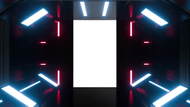 黒い移動科学の技術トンネルまたはネオン ライトが付いている部屋の未来的な開始ゲートかドア アルファチャンネルによるリアルなデジタルアニメーション — ストック動画