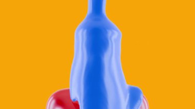 Parlak yaratıcı modern tarzda gerçekçi 3D sanat kompozisyonu. Mavi boya, meyve suyu ya da sıvı kırmızı adamın kafasına düşer. Canlı soyut grafik konsept tasarımı. Renkli moda animasyonu.