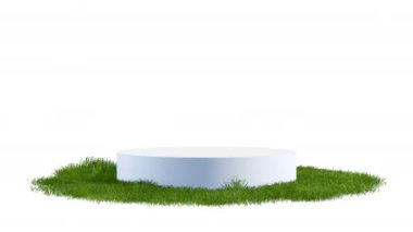 Yuvarlak sergi standı, podyum veya yüzey yamasında beyaz arka planda dönen yeşil çimlerle kaplı kaide. Sunum için gerçekçi doğal bir unsur. Alfa mat kanalı ile 3d canlandırma.